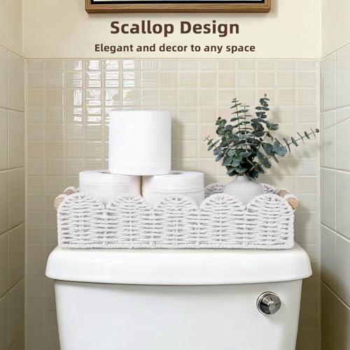CubesLand Bathroom Basket Organizer w/Cut Out Handle, Back of Toilet Paper Storage Baskets Tray for Bathroom Countertop Decorative, Scalloped Wicker Basket Also for Home Decor, Living Room, White - color: White