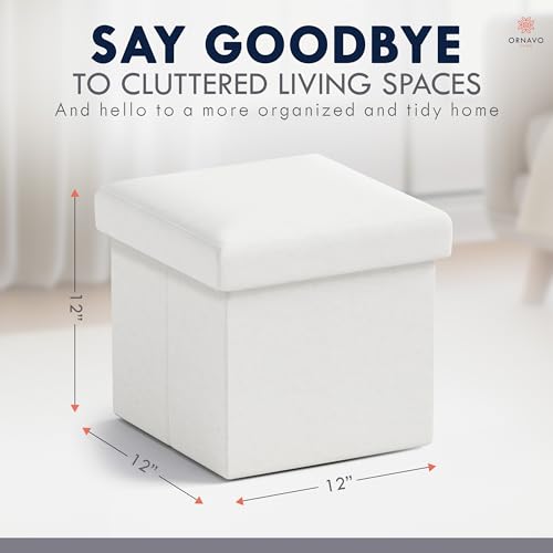Ornavo Home Small Storage Ottoman Foldable Collapsible Cube Square Linen Ottoman Foot Rest Stool Seat, for Living Room, Bedroom, Home Office, Dorm - 12 x 12 x 12, White - color: White