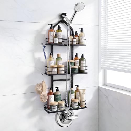 Adjustable Hanging Shower Caddy for Handheld Showerhead, 3-Tier Rustproof Shower Rack Baskets, Anti-Swing Hanging Shower Organizer for Bathroom Storage with 2 S-Hooks, Large Capacity, Black - color: 3-Tier Black