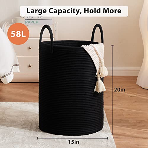 Woven Rope Laundry Basket, 58L Tall Laundry Hamper for Blanket Storage, Large Baby Nursery Basket for Laundry, Decorative Clothes Hamper for Bedroom, Living Room and Bathroom, Black - color: Black, size: Tall(58L)