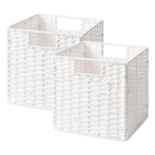 StorageWorks 9 inch Wicker Storage Cubes, Handwoven Wicker Baskets for Storage, Square Cube Basket, Foldable Paper Rope Basket for Organizing, White, 2 Pack - color: White, size: 9"L x 9"W x 9"H