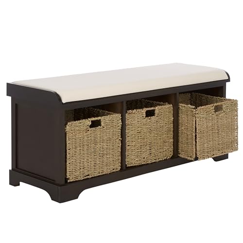 SAFAVIEH Home Collection – Lonan Dark Chocolate Storage Bench with Seat Cushion, 3 Basket Drawers, Coastal Farmhouse Entryway Design (AMH5733F) - color: Dark Chocolate