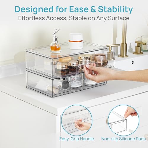 Vtopmart 12.1''W Clear Stackable Storage Drawers,4 Pack Acrylic Plastic Organizers Bins for Makeup Palettes, Cosmetics, and Beauty Supplies,Ideal for Vanity, Bathroom,Cabinet,Desk Organization - style: 4pack Wide