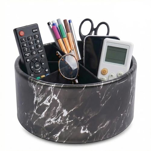 Remote Control Holder, 360°Spinning PU Leather Desk TV Remote Caddy,Desk Storage Box Room Accessories for Controller, Media,Mail,Calculator, Mobile Phone,Pencil(1-Big Marble Black) - color: 1-Big Marble Black