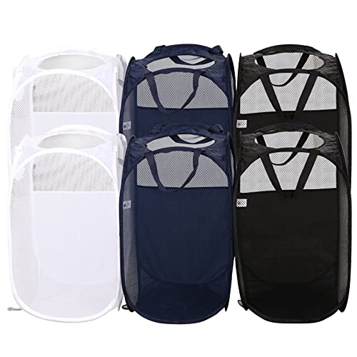 AQQA 6 Pcs Handy Laundry Collapsible Mesh Foldable Hampe (Black/White/Blue),Popup Laundry Basket with Durable Handles,Pop-up Mesh Hamper Dirty Clothes Basket for Kids Room, College Dorm or Travel - color: BlueWhiteBlack, size: 24x14
