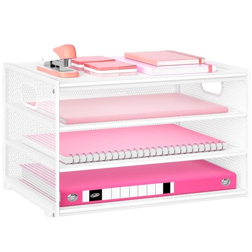 Lavatino 3-Tier Letter Tray Desk Organizer, Mesh Metal Paper File Tray Organizer for Desk, Office Supplies & Home Organization, Fits A4 Paper, Mail, Magazines & Office Accessories (White with Handle) - color: 4-tier With Handle - White