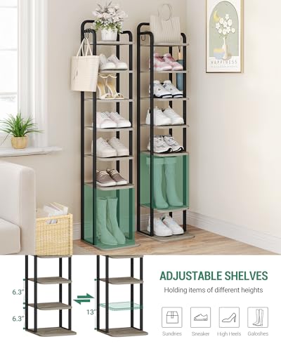 Hzuaneri 8 Tiers Vertical Shoe Rack, Narrow Shoe Tower, Tall Shoes Shelf with 2 Hooks, Adjustable Shelves, Corner Shoes Shelves for Small Spaces, Entryway, Living Room, Greige SR04305B - color: Greige and Black, size: 8 Tier(11.8"D x 10.4"W x 53.2"H)