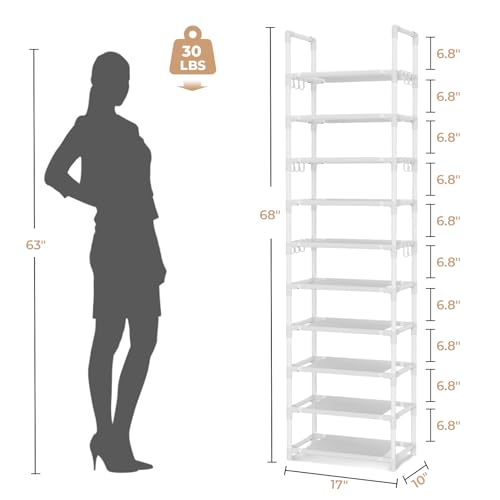 VTRIN 10 Tiers Tall Shoe Rack Holds 20-25 Pairs of Shoes Sturdy Vertical Shoe Organizer with 18pcs Hooks Stackable Narrow Shoe Rack for Closet, Entryway White - color: White, size: 17" Wide - 10 Tier