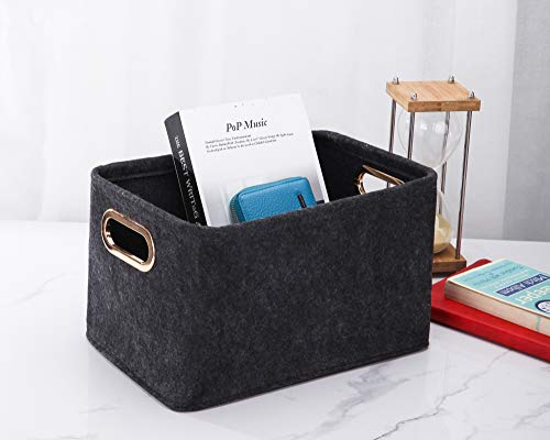 Collapsible Storage Bins Foldable Felt Fabric Storage Basket Organizer Boxes Containers with Handles Metal Handles for Nursery Toys,Kids Room,Clothes,Towels,Magazine - color: Dark grey, size: 13.9L×9.6W×8.2H