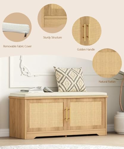 Rattan Shoe Storage Bench with Cushion, 39.4" Wide Entryway Bench with Adjustable Shelf, Hidden Shoe Organizer Cabinet, for Hallway, Living Room, Bedroom, Natural Oak