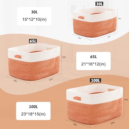 Artfeel Blanket Basket,Rectangle Woven Baskets for Storage,100L Laundry Basket for Decorative Nursery Blanket,Toys,Dirty Clothes and Magazine in Shelves,Baby Room,and Living Room - color: Orange, size: 100L