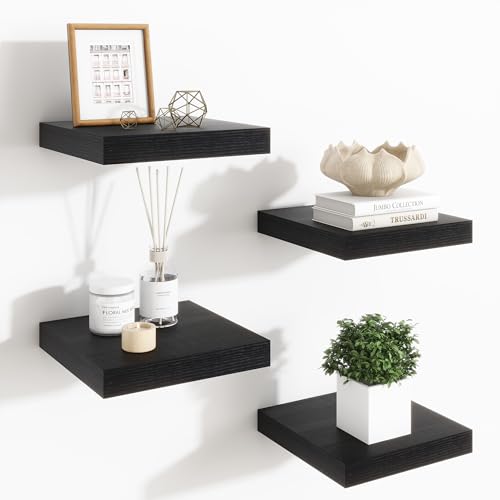 Fun Memories Floating Shelves for Wall - 7.5 Inch Square Shelves with Invisible Brackets, Black Small Wall Shelf for Living Room, Bathroom, Bedroom, and Kitchen Decor Set of 4 - color: Black, size: 7.5"W x 7.5"D - 4P