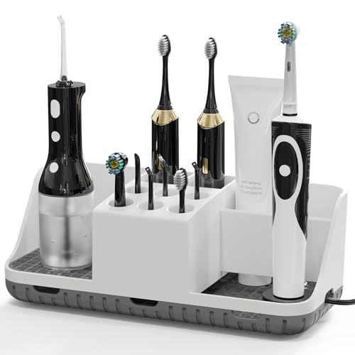 Boperzi Electric Toothbrush Holders with Cord Slots: Detachable Toothbrush and Toothpaste Holders, Large Tooth Brush Storage Caddy Set Drainage, Anti-Slip Bathroom Counter Organizer for Family, Kids - color: White/Grey
