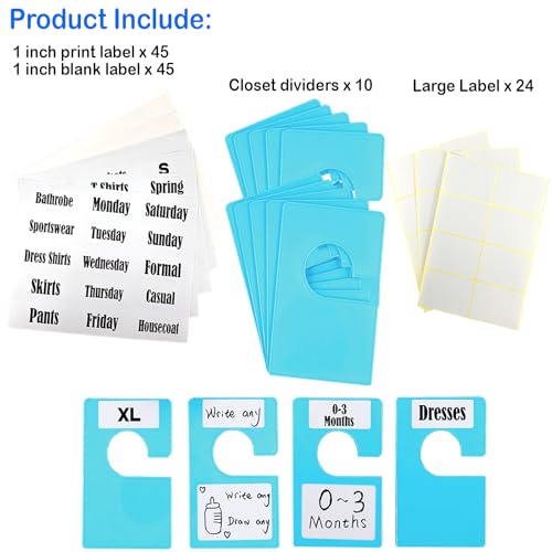 10 Pack White Clothing Rack Size Dividers Plus 45 Labels (1 Inch) and 18 Large Blank Labels, Large Rectangular Clothing Closet Dividers (Blue) - color: Blue, size: 10 PACK