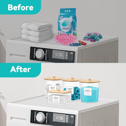 Laundry Pods Container & Dryer Sheet Holder, Laundry Room Organization and Storage Jars with Lids, Labels & Scoops for Powder Detergent Scent Booster - color: Wood
