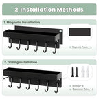 Magnetic Key Holder Wall Mount, Small Metal Key Rack with Tray, 9.6 Inch, 6 Hooks, 2 Installation Options, Black - color: Black