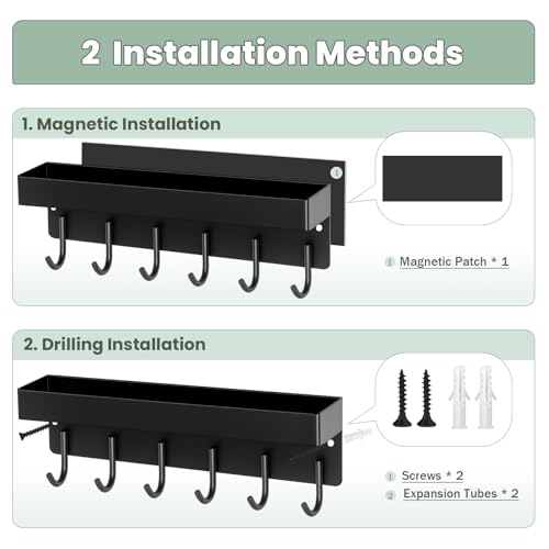 Magnetic Key Holder Wall Mount, Small Metal Key Rack with Tray, 9.6 Inch, 6 Hooks, 2 Installation Options, Black - color: Black