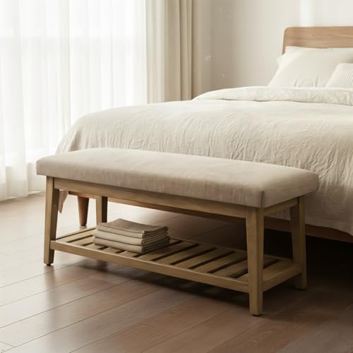 Zihanhome Entryway Shoe Bench with Cushion, End of Bed Bench,Upholstered Bench for Kitchen, Bench with Solid Wood Shelf, Fabric Ottoman Bench for Hallway, Living Room (Brown) - color: Brown