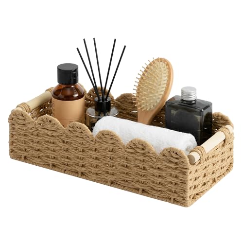 StorageWorks Toilet Paper Basket 2 Pack, Back of Toilet Basket with Wooden Handles, Small Wicker Decorative Scalloped Baskets for Organizing, Bathroom Storage, Brown Rope Baskets - color: Paper Rope(Brown), size: 14" L × 6¼" W × 4" H