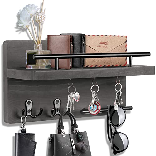 OurWarm Wall Mounted Key Hanger with 5 Hooks, Decorative Wooden Mail Organizer with Shelf, Rustic Home Decor for Entryway, Mudroom, Office, Hallway - color: Gray