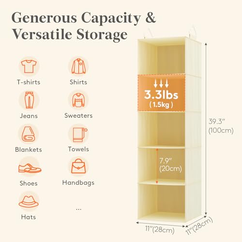 Lifewit 5 Tier Hanging Closet Organizer and Storage for Shelves, Foldable Clothes Shelf with 2 Sturdy Hooks, Sweater/Coat/Shoes Clothing Organization for Wardrobe, Dorm, Bedroom, Beige - color: Beige