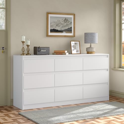 Furniouse Modern 9 Large Storage Drawers Dresser for Clothes Organizer, White Modern Chest of Drawers for Closet, 60" Long Drawer Organizer Cabinet for Bedroom,Living Room,Entryway,Hallway - size: 15"D x 59.1"W x 31.5"H (9 Drawers)