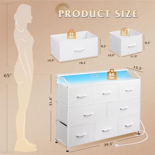 WLIVE Led Dresser for Bedroom, White Dresser TV Stand for Bedroom with LED Lights and Power Outlet, Wide Chest of Drawers for Hallway, 8 Fabric Drawers for Living Room and Entryway, Easy to Assemble - color: White, style: 8 Drawers with LED