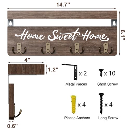 buways Wall-Mounted Key and Mail Holder, Wooden Key Rack with 4 Double Key Hooks, Rustic Home Decor for Entryway - color: Brown