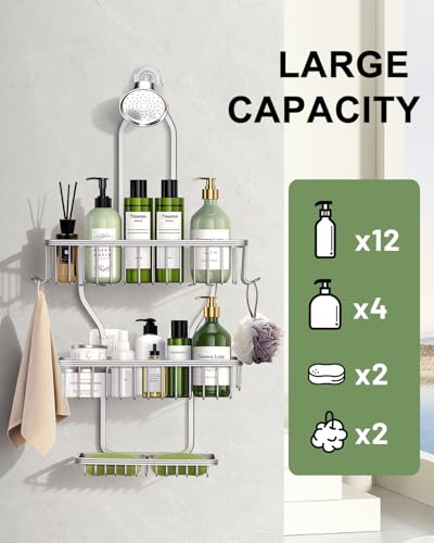 Shower Caddy Hanging - Never Rust Shower Hanging Organizer - Aluminum Over the ShowerHead Caddy with Soap Basket and 6 Hooks for Razor/Sponge (Frosted Silver) - color: Shiny Silver