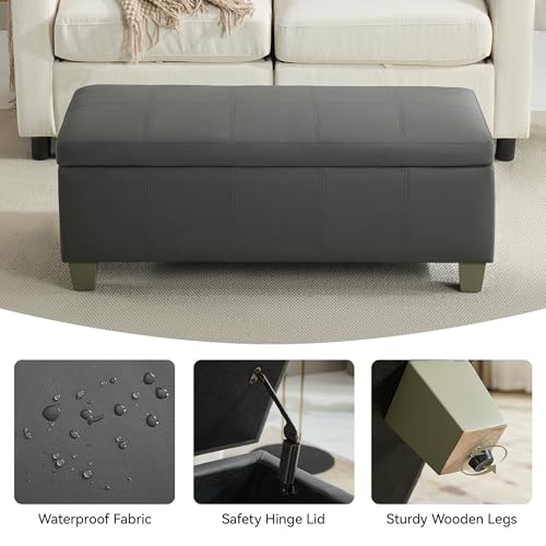 WUTUTUEE 41" Faux Leather Storage Ottoman, Stitch Tufted Rectangle Upholstered End of Bed Storage Bench, Entryway Large Couch Ottoman with Wooden Legs,Dark Grey - color: Dark Grey, size: 41 Inch