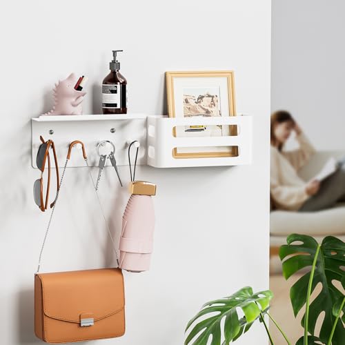 Key and Mail Holder for Wall, Key Hooks Rack Hanger Organizer Wall Mount with Small Shelf, Men Metal Entryway Living Room Storage Decor for Coat Purse Bag Wallet Dog Leash, Black - color: White