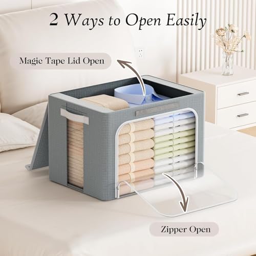 Yecaye Clothes Storage Bins with Metal Frame, Foldable Clothing Storage Bin with Lid, Stackable Oxford Fabric Organizer Box With Clear Window & Zippers & PU Leather Handles (6 Pack,Grey,40L) - color: Grey, size: Medium(6 Pack)