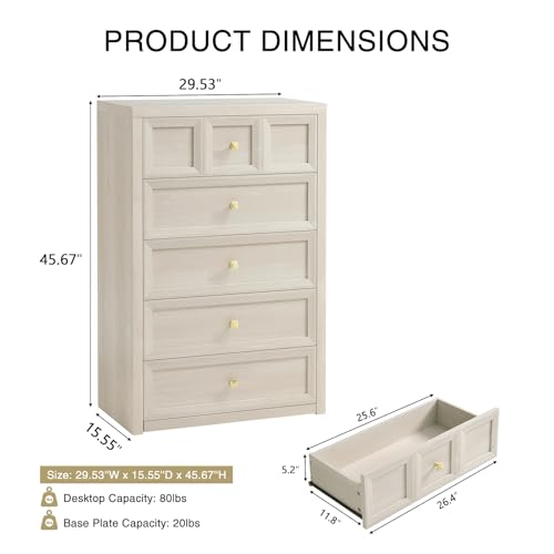 5 Drawers Dresser for Bedroom, 45.7" Tall Large Dresser & Chests of Drawers with Metal Handle, Clothes Storage Organizer Dresser w/Natural Texture for Bedroom, Living Room-Grey White - color: Beige, size: 15.6"D x 29.5"W x 45.7"H (5 Drawers)