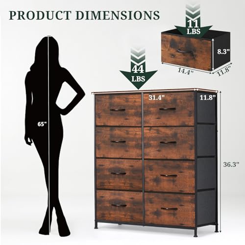 8-Drawer Dresser for Bedroom, Anti-Tip Tall Storage Organizer Chest of Drawers with Wooden Top and Metal Frame Fabric Bins for Closet, Living Room, Hallway, Entryway, Brown - color: Brown, size: 11.8"D x 31.4"W x 36.3"H (8 Drawers)