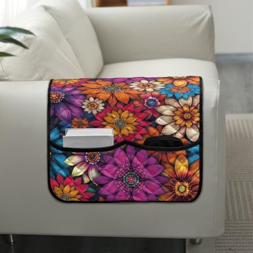 Boho Mandala Floral Print Couch Arm Covers with 2 Organizer Pockets Soft Couch Protector Anti-Slip Slipcovers for Pet Armchair, Loveseat, Recliner - color: Boho Mandala Floral