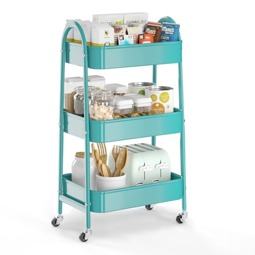 EAGMAK 3 Tier Utility Rolling Cart, Metal Storage Cart with Handle and Lockable Wheels, Multifunctional Storage Organizer Trolley with Mesh Baskets for Kitchen, Living Room, Office, Garage (Turquoise) - color: Turquoise, size: Normal