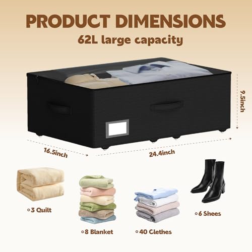 Under Bed Storage with Wheels, 2-Pack Under Bed Storage Containers, No Assemble Required 10 inches Height, Rolling underbed storage Drawers, Underbed Storage Bins for Shoes, Clothes, Blankets, Toys - color: Black