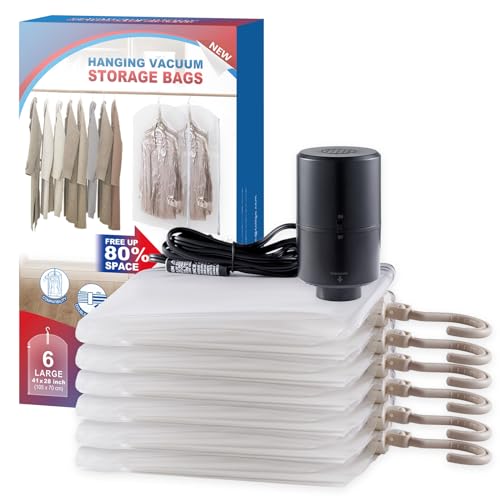 Hanging Vacuum Storage Bags, 6 Pack Hanging Storage Bags for Clothes With Electric Pump, Vacuum Sealed for Suits, Dress, Jackets (6 Short) - size: 6-Short-Epump