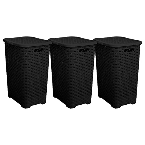 Plastic Laundry Hamper with Lid 3 Pack Laundry Hamper Basket, Black Tall Cloths Hamper Organizer with Cut-out Handles. Space Saving for Laundry Room Bedroom Bathroom, Wicker Design 60 Liter - color: Black, size: 3-pack