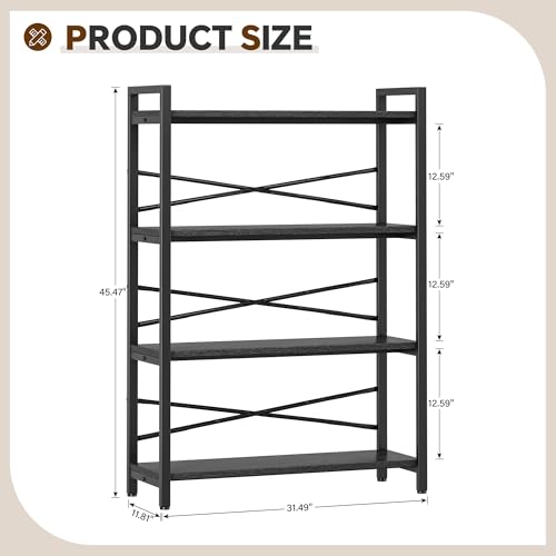 4 Tier Bookshelf 31.49" Width, Tall Book Shelf Storage and Organization, Wooden and Metal Industrial Bookcase, Large Book Shelves for Home Living Room Bedroom Office Storage(Black) - color: Black, size: 4 Tier - 31.5" W