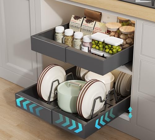 Seinloes 2 Pack Pull out Cabinet Organizer 21" Deep With Raising Pad for Framed Cabinets, Expandable (9"-14" W) Slide out Drawers for Kitchen Cabinets with 4pcs Divider Racks, Roll out Shelves, Black - color: Black, size: 9"-14"W x 21"D(2Pack)
