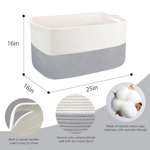 MEGASKET XXXXL Blanket Basket, 25" x 16" x 16"(108L) Rectangle Basket for Blankets Living Room, Extra Large Wicker Woven Blanket Pillow Storage Bin, Soft Kids Dog Toy Box Storage Bin Organizer - color: White & Gray, size: 25"x16"x16"