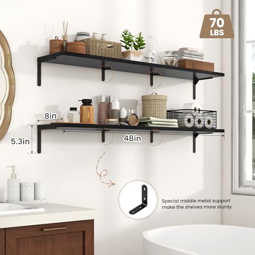 Fun Memories Deep Floating Shelves, 48W x 8D Floating Shelves Set of 2, Wall Mounted Shelf with Metal Brackets, Rustic Wood Wall Shelf for Bathroom, Kitchen and Living Room, Black - color: Black- L Bracket, size: 48"W x 8"D
