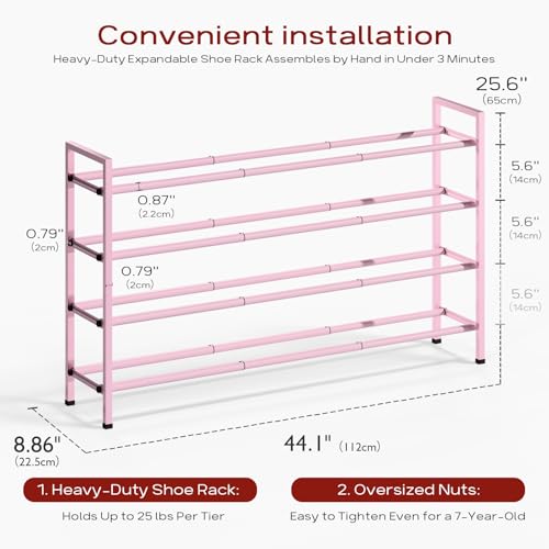 Bumusty 4-Tier Long Expandable Shoe Rack for Closet, 18"-44" Adjustable Shoe Rack for Entryway, 20-24Pairs Large Shoe Organizer Shelf Storage, Sturdy Metal, Black - color: Pink, size: 4-Tier
