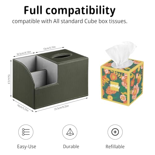 Square Multi-Functional Tissue Box Cover with Storage and Remote Control Holder - Cube Tissue Box Organizer for Bathroom, Nightstand, End Table - color: Green