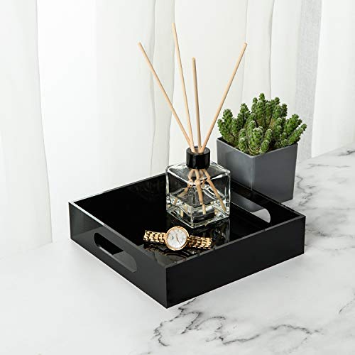 KEVLANG Black Sturdy Acrylic Tray with Handles-8x8 Inch- Countertop Organizer Tray for Kitchen,Bathroom,Office- Storage Box for Cosmetics, Jewelry,Toiletries,Toy,Gadgets - color: Glossy Black, size: 8" x 8" x 2"