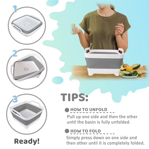 GIMWA Collapsible Wash Basin with Drain Plug - 2.4 Gallon Foldable Kitchen Sink for Baby Bottles, RV Camping, Space-Saving Dish Tub (Gray) - color: Gray