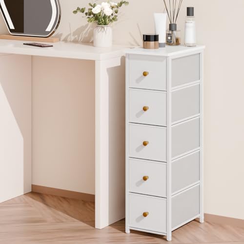 lurcns Narrow Storage Cabinet for Small Spaces Slim Skinny Bathroom Dresser Tall Dorm Nightstand Thin Organizer for Bathroom Bedroom (White, 5 Drawers) - color: White, size: 5 Drawers+No Charging Station