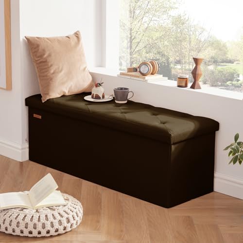 HAUSFRAU Storage Ottoman Bench with Flipping Lid, 43.3 Inches Storage Chest Footsrest, Folding Foot Stool for Entryway, Living Room, Bedroom, Linen Espresso Brown - color: Espresso, size: 15"D x 43.5"W x 15"H