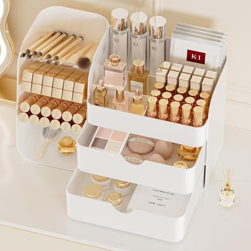 Makeup Organizer with Drawers, Large Capacity Countertop Organizer for Vanity, Bathroom and Bedroom Desk Cosmetics Organizer, Easy To Storage Skincare, Brushes, Eyeshadow, Lipstick (All White) - color: All White, size: Medium